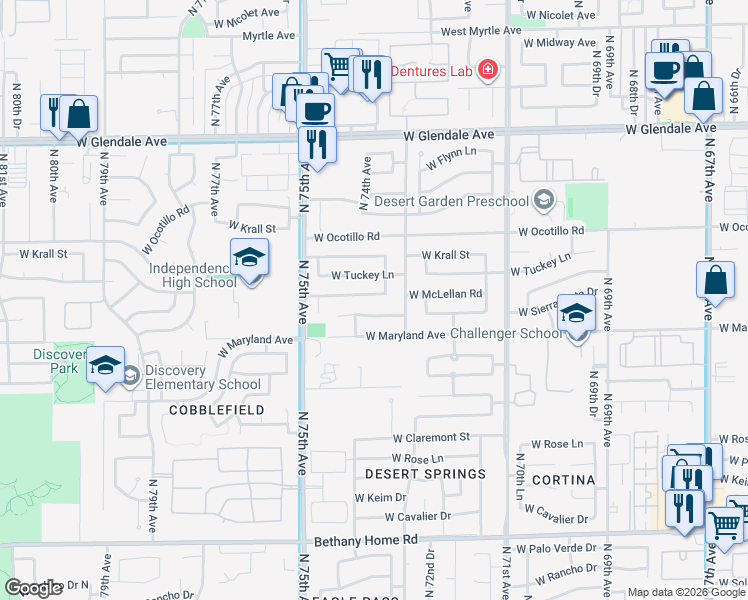 map of restaurants, bars, coffee shops, grocery stores, and more near 7336 West McLellan Road in Glendale