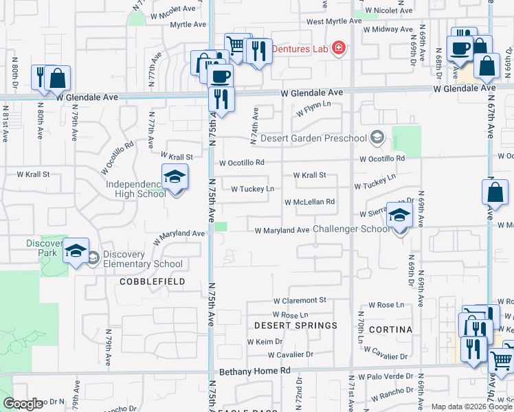 map of restaurants, bars, coffee shops, grocery stores, and more near 7336 West McLellan Road in Glendale