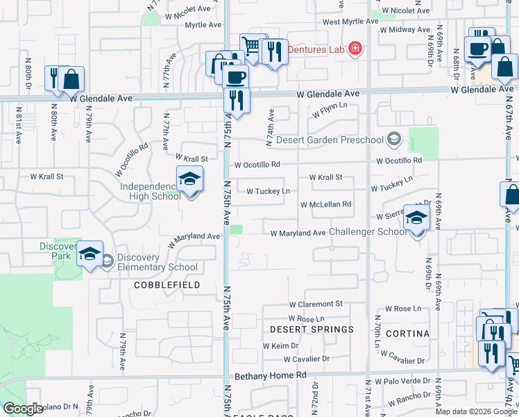 map of restaurants, bars, coffee shops, grocery stores, and more near 7336 West McLellan Road in Glendale