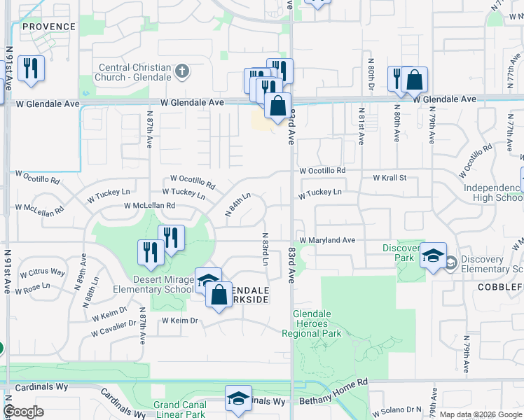 map of restaurants, bars, coffee shops, grocery stores, and more near 8322 West McLellan Road in Glendale