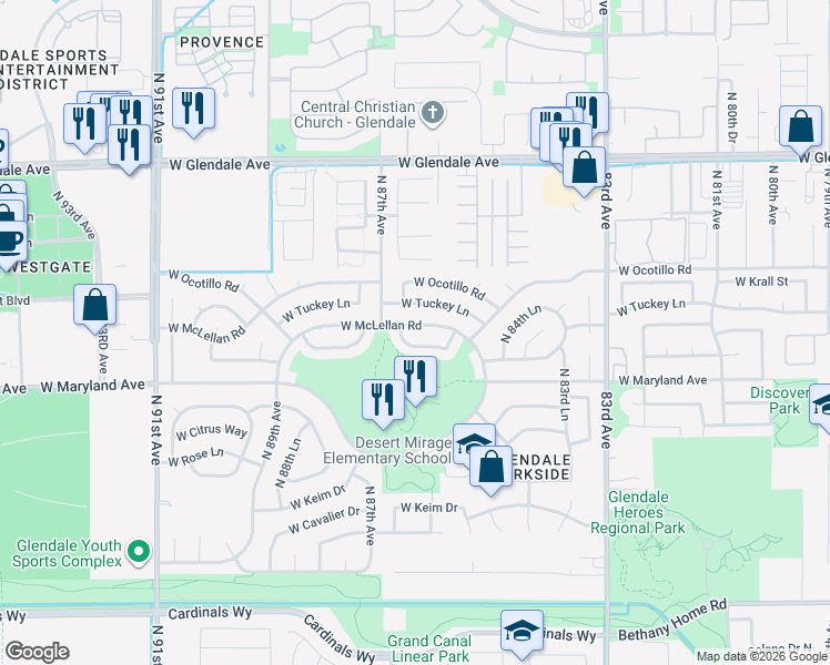 map of restaurants, bars, coffee shops, grocery stores, and more near 8552 West McLellan Road in Glendale