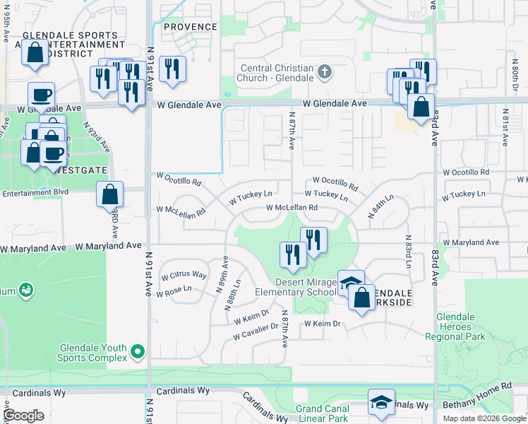 map of restaurants, bars, coffee shops, grocery stores, and more near 8730 West McLellan Road in Glendale