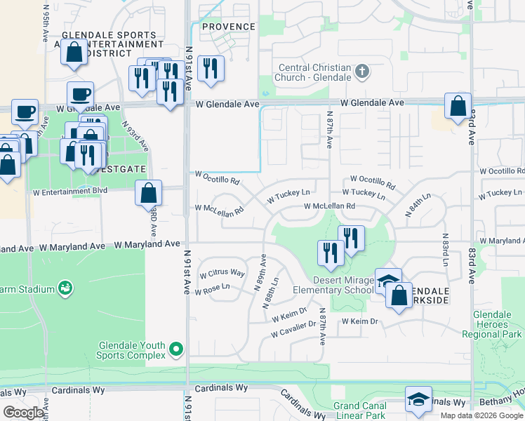 map of restaurants, bars, coffee shops, grocery stores, and more near 8903 West McLellan Road in Glendale