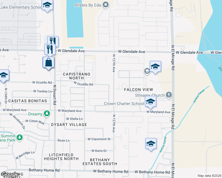 map of restaurants, bars, coffee shops, grocery stores, and more near 12727 West Glendale Avenue in Glendale