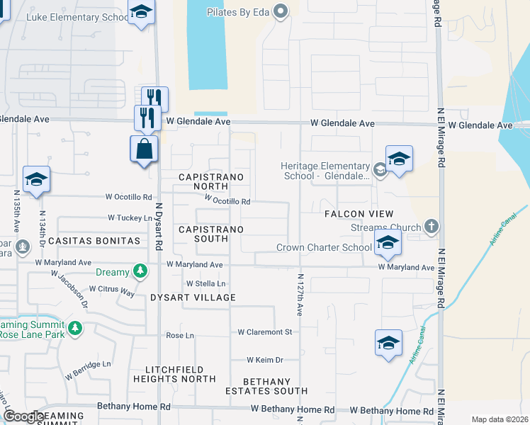 map of restaurants, bars, coffee shops, grocery stores, and more near 12823 West Ocotillo Road in Glendale