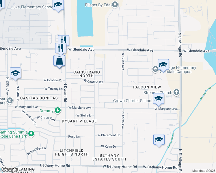 map of restaurants, bars, coffee shops, grocery stores, and more near 12823 West Ocotillo Road in Glendale