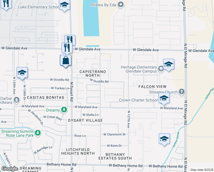 map of restaurants, bars, coffee shops, grocery stores, and more near 12823 West Ocotillo Road in Glendale