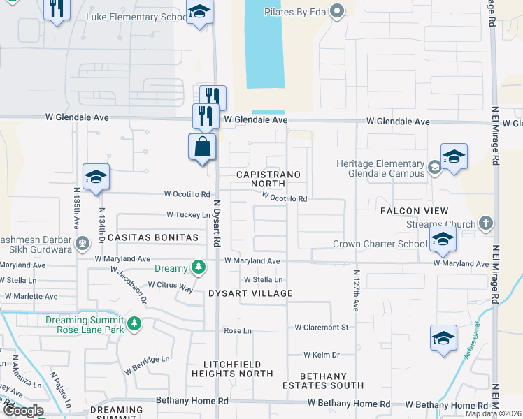 map of restaurants, bars, coffee shops, grocery stores, and more near 12909 West Ocotillo Road in Glendale