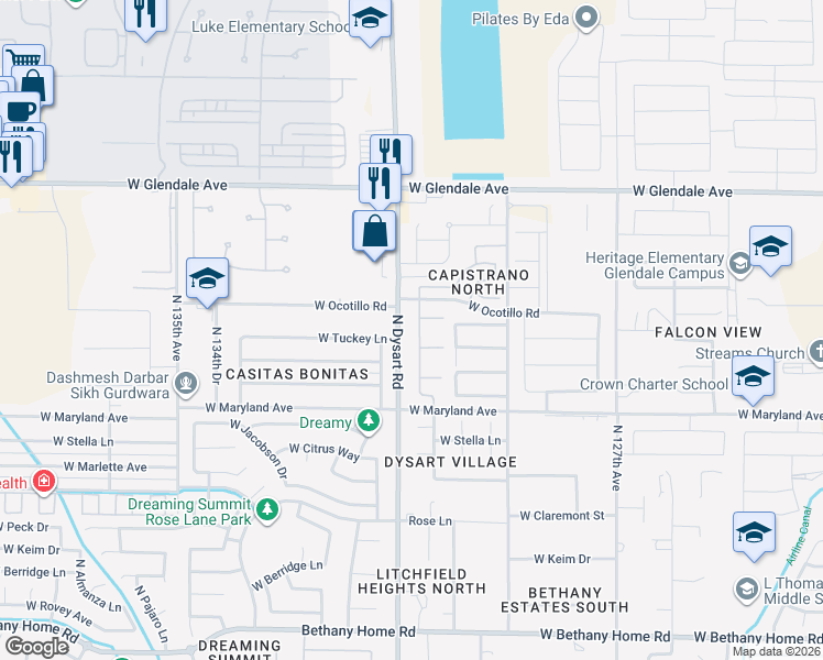 map of restaurants, bars, coffee shops, grocery stores, and more near 6660-6704 North Dysart Road in Glendale