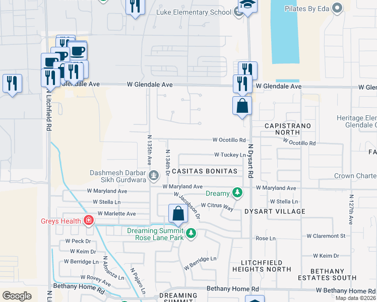 map of restaurants, bars, coffee shops, grocery stores, and more near 13341 West Ocotillo Road in Glendale