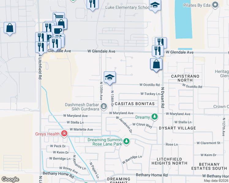 map of restaurants, bars, coffee shops, grocery stores, and more near 13419 West Ocotillo Road in Glendale