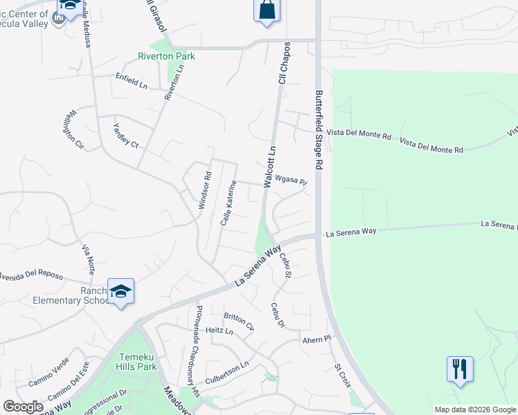 map of restaurants, bars, coffee shops, grocery stores, and more near 40556 Chantilly Circle in Temecula