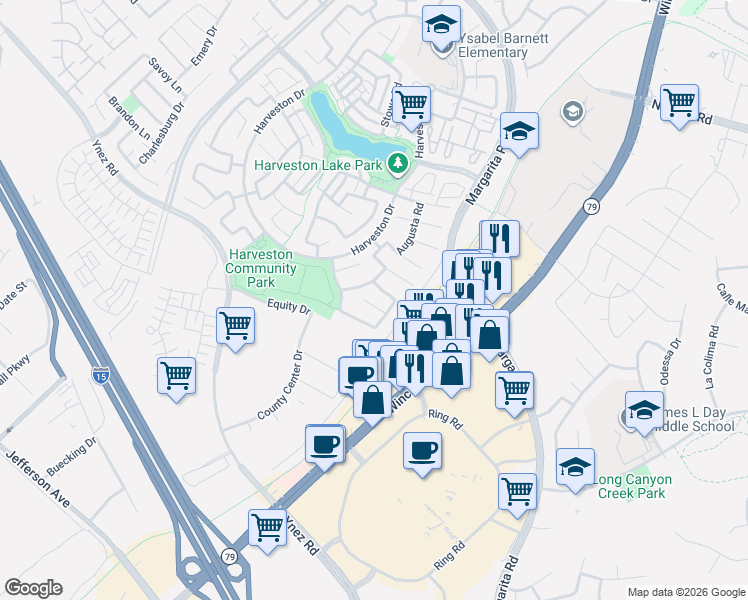 map of restaurants, bars, coffee shops, grocery stores, and more near 40479 Charleston Street in Temecula