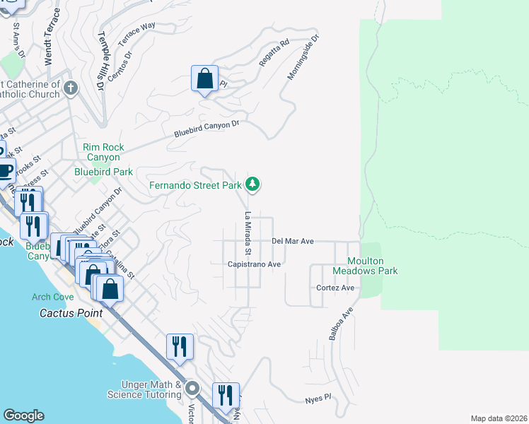 map of restaurants, bars, coffee shops, grocery stores, and more near 1264 La Mirada Street in Laguna Beach