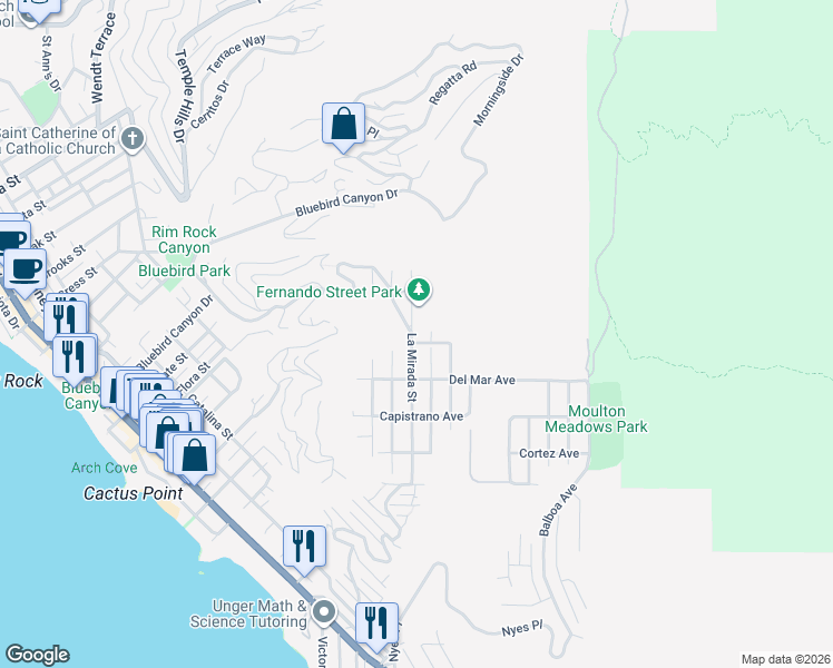 map of restaurants, bars, coffee shops, grocery stores, and more near 1264 La Mirada Street in Laguna Beach