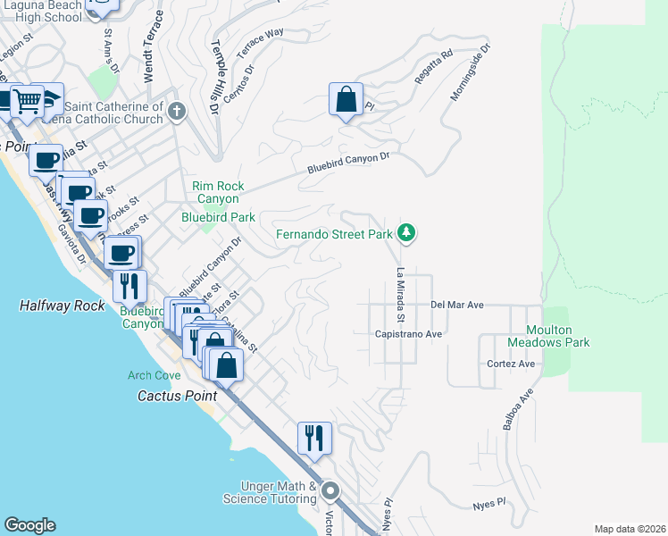 map of restaurants, bars, coffee shops, grocery stores, and more near 829 Diamond Street in Laguna Beach