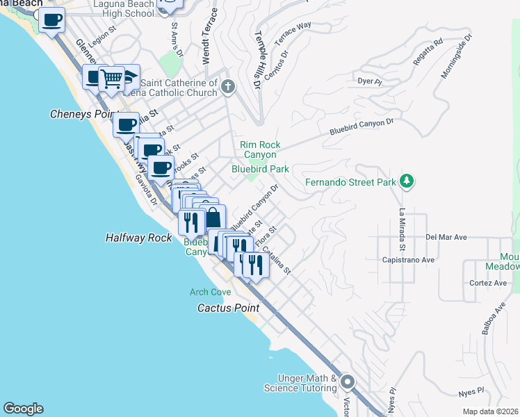 map of restaurants, bars, coffee shops, grocery stores, and more near 579 Bluebird Canyon Drive in Laguna Beach