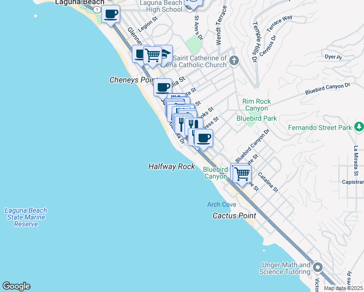 map of restaurants, bars, coffee shops, grocery stores, and more near 1243 Ocean Front in Laguna Beach