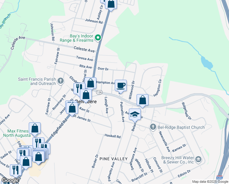 map of restaurants, bars, coffee shops, grocery stores, and more near 305 Hampton Avenue in North Augusta