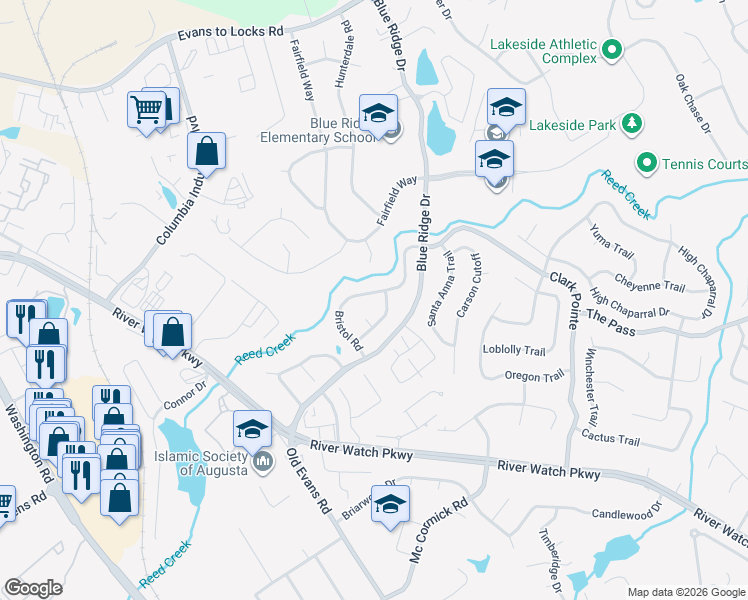 map of restaurants, bars, coffee shops, grocery stores, and more near 434 Bristol Road in Martinez