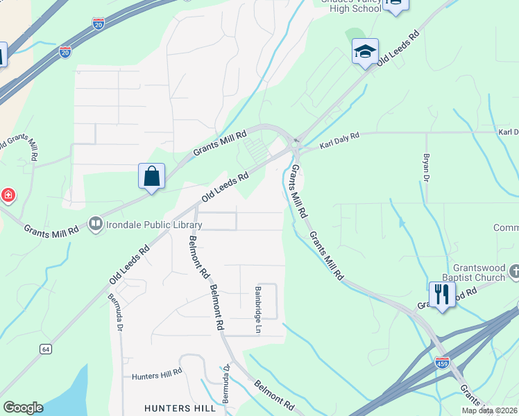 map of restaurants, bars, coffee shops, grocery stores, and more near 5732 Belmont Drive in Irondale