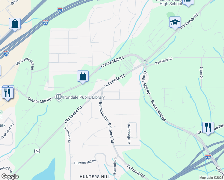 map of restaurants, bars, coffee shops, grocery stores, and more near 5801 Old Leeds Road in Birmingham