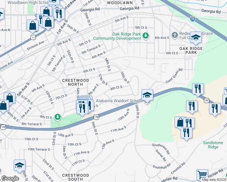 map of restaurants, bars, coffee shops, grocery stores, and more near 5704 8th Court South in Birmingham