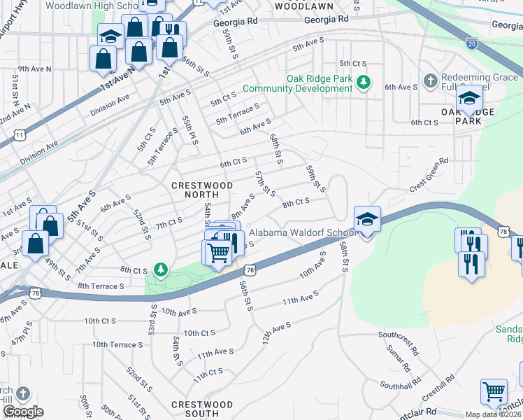map of restaurants, bars, coffee shops, grocery stores, and more near 5644 8th Court South in Birmingham