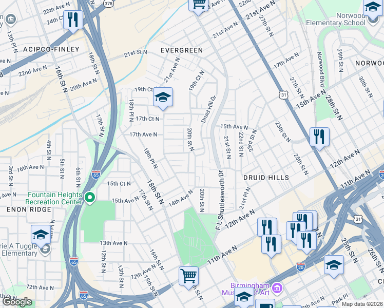 map of restaurants, bars, coffee shops, grocery stores, and more near 1527 20th Street North in Birmingham