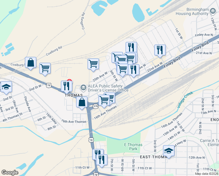 map of restaurants, bars, coffee shops, grocery stores, and more near 615 Finley Avenue West in Birmingham
