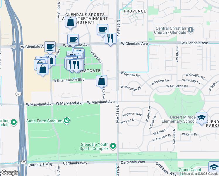 map of restaurants, bars, coffee shops, grocery stores, and more near in Glendale