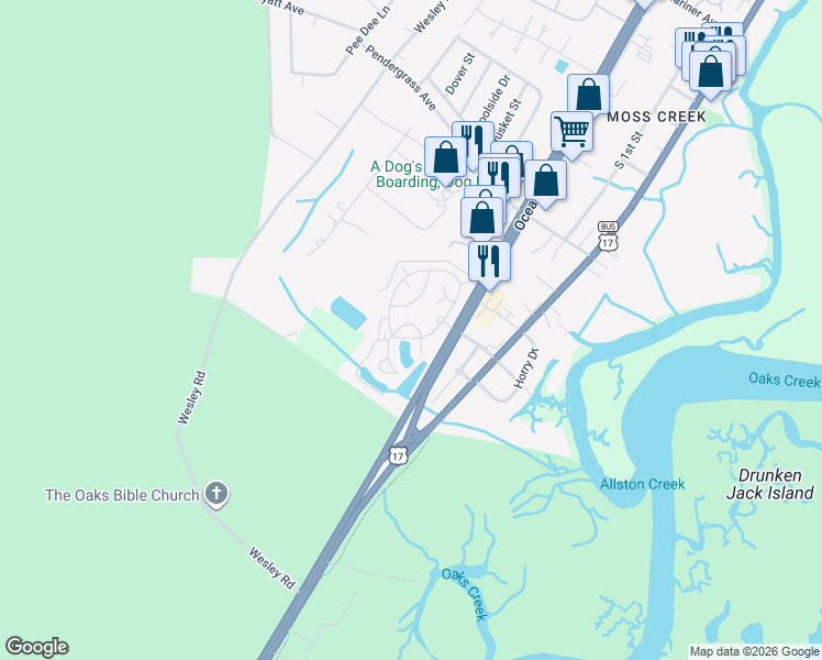 map of restaurants, bars, coffee shops, grocery stores, and more near 163 Dubose Loop in Murrells Inlet