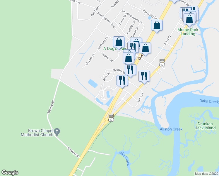 map of restaurants, bars, coffee shops, grocery stores, and more near 163 Dubose Loop in Murrells Inlet