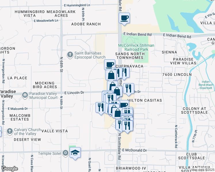 map of restaurants, bars, coffee shops, grocery stores, and more near 7100 East Lincoln Drive in Paradise Valley