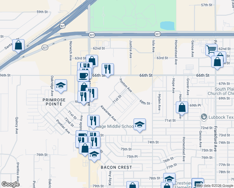 map of restaurants, bars, coffee shops, grocery stores, and more near 7010 Ironton Avenue in Lubbock