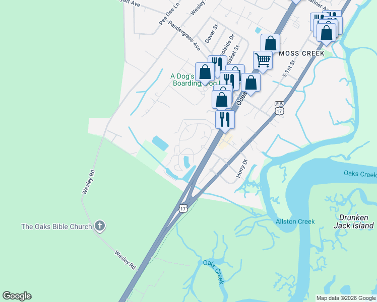 map of restaurants, bars, coffee shops, grocery stores, and more near 163 Dubose Loop in Murrells Inlet