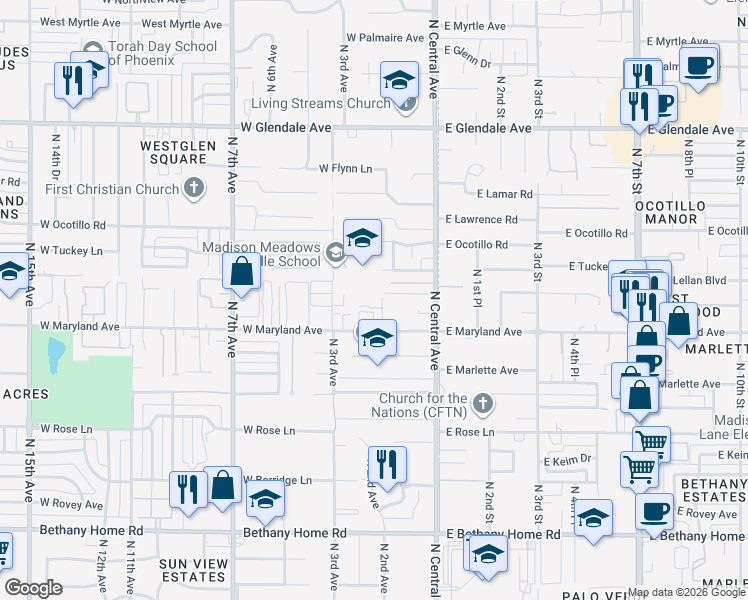 map of restaurants, bars, coffee shops, grocery stores, and more near 225 West Ocotillo Road in Phoenix