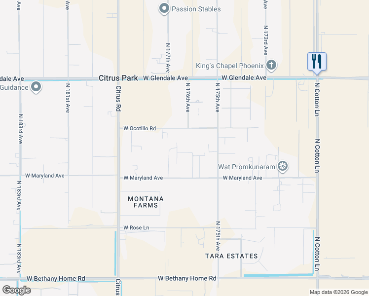 map of restaurants, bars, coffee shops, grocery stores, and more near 6634 North 176th Avenue in Waddell