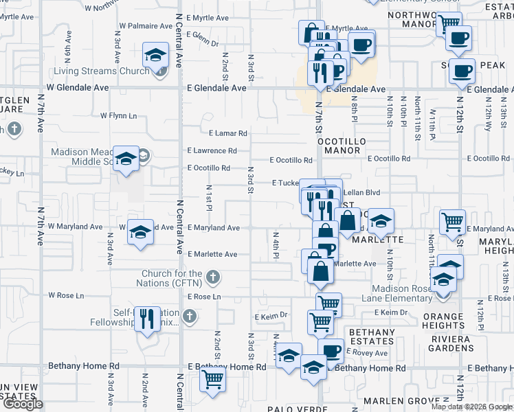 map of restaurants, bars, coffee shops, grocery stores, and more near 242 East McLellan Boulevard in Phoenix