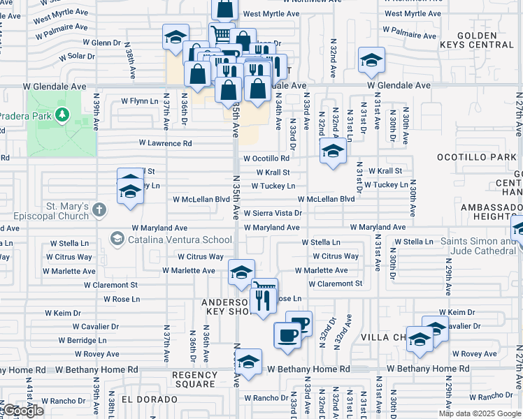 map of restaurants, bars, coffee shops, grocery stores, and more near 3415 West McLellan Boulevard in Phoenix