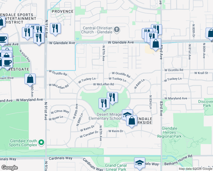 map of restaurants, bars, coffee shops, grocery stores, and more near 8575 West Sierra Vista Drive in Glendale