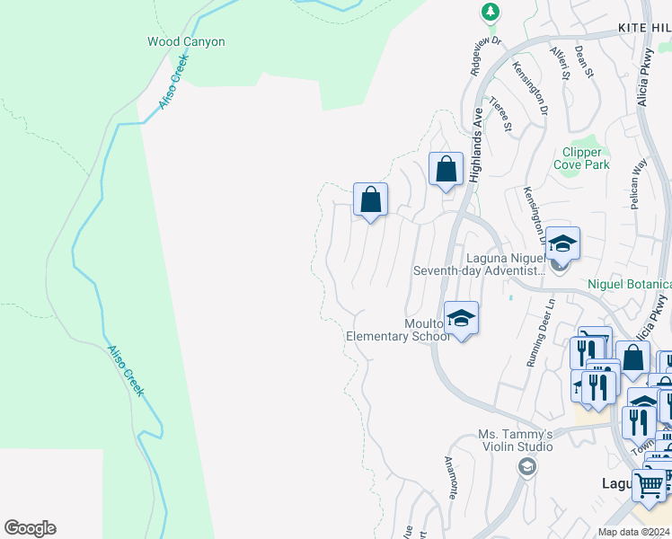 map of restaurants, bars, coffee shops, grocery stores, and more near 34 San Simeon in Laguna Niguel