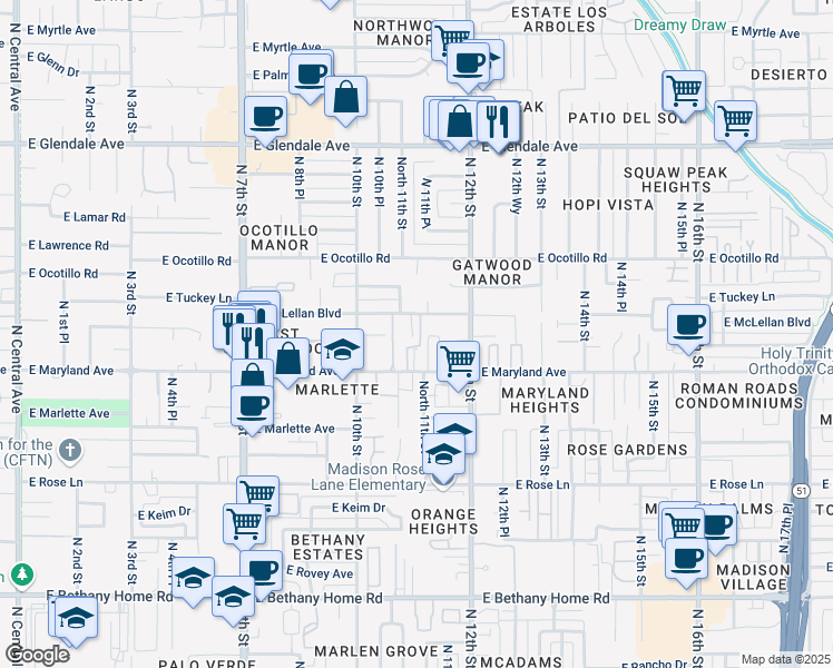 map of restaurants, bars, coffee shops, grocery stores, and more near in Phoenix