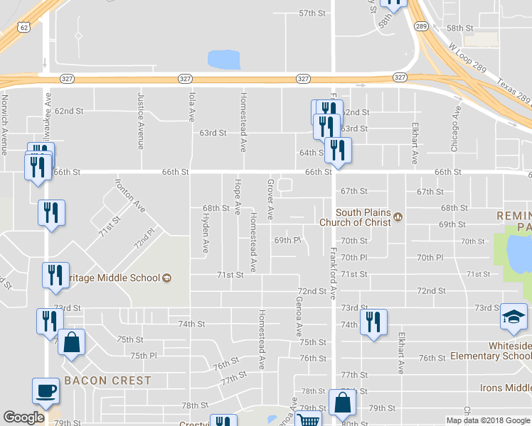 map of restaurants, bars, coffee shops, grocery stores, and more near 6708 Grover Avenue in Lubbock