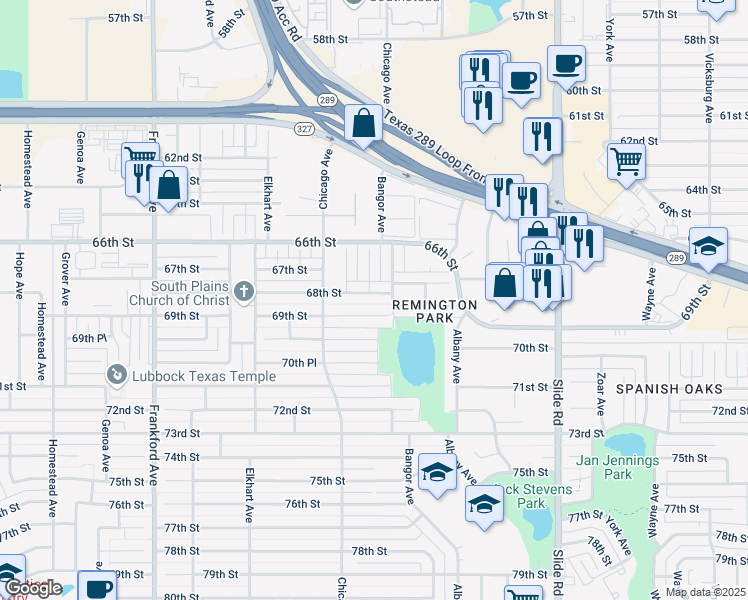map of restaurants, bars, coffee shops, grocery stores, and more near 5414 68th Street in Lubbock