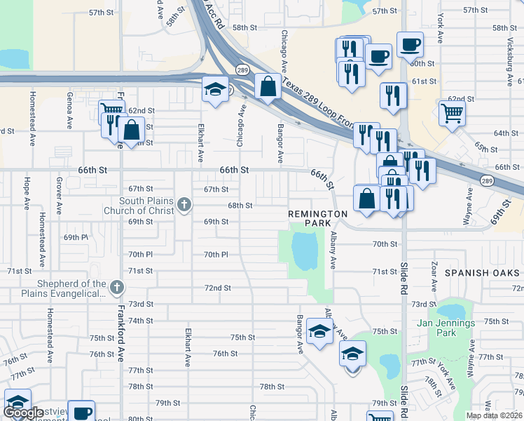 map of restaurants, bars, coffee shops, grocery stores, and more near 5414 68th Street in Lubbock
