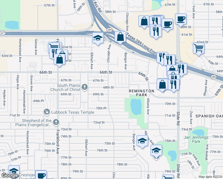 map of restaurants, bars, coffee shops, grocery stores, and more near 6798 Chicago Avenue in Lubbock