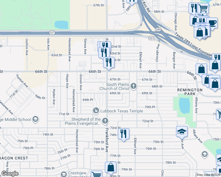 map of restaurants, bars, coffee shops, grocery stores, and more near 5726 68th St in Lubbock
