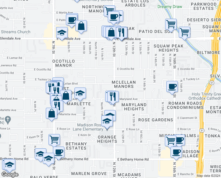 map of restaurants, bars, coffee shops, grocery stores, and more near 1115 East McLellan Boulevard in Phoenix