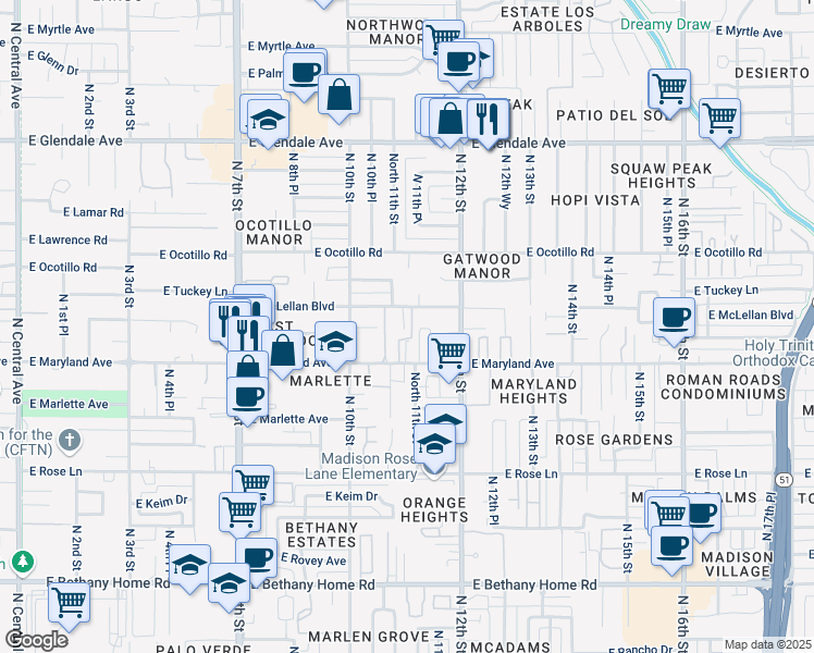 map of restaurants, bars, coffee shops, grocery stores, and more near in Phoenix